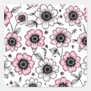 Roze bloemen en bladeren schetsontwerp vierkante sticker