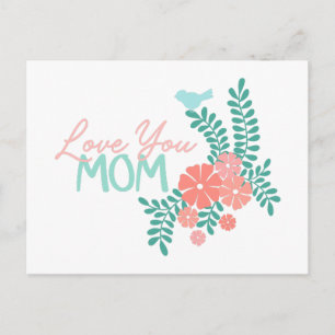 Roze bloemen en blauwe vogels houden van jou mama briefkaart