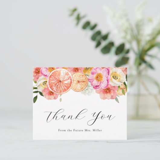 Roze Bloemen en Citrus Dank U Nota Kaart (Staand voorkant)