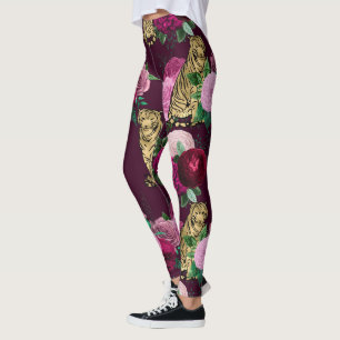 Roze bloemen en Gold Big Cats Print Workout Leggings