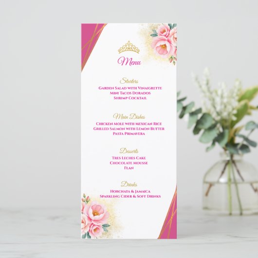 Roze Bloemen en Goud Quinceañera Tafelmenu Menu (Staand voorkant)