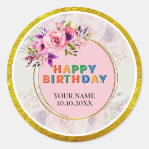 Roze bloemen en gouden glitter rond Gelukkige verj Ronde Sticker
