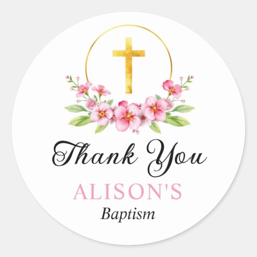 Roze bloemen en gouden kruis meisje doop Dank u Ronde Sticker (Voorkant)