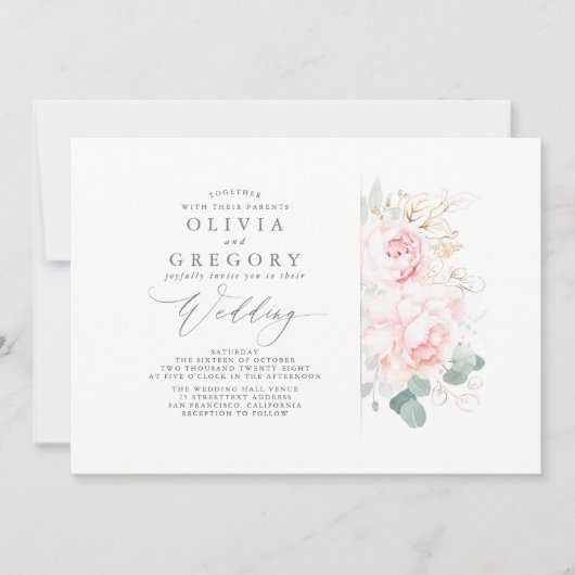 Roze bloemen en goudgroene bruinbruiddweddenschapp kaart (Voorkant)