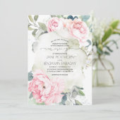 Roze Bloemen en Groen Elegant Huwelijk Kaart (Staand voorkant)