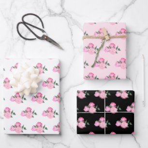 Roze bloemen en groen patroon inpakpapier vel