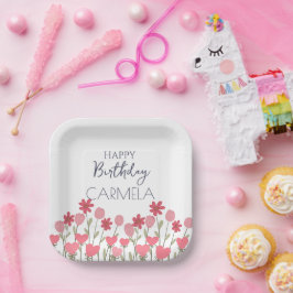 Roze bloemen en harten verjaardagsfeest papieren bordje