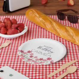 Roze bloemen en harten verjaardagsfeest papieren bordje
