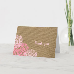 Roze bloemen en jute bedankje kaart