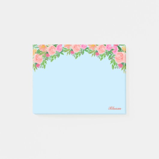 Roze bloemen en kalligrafie op lichtblauw post-it® notes (Voorkant)