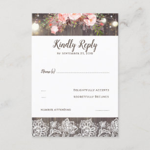Roze Bloemen en Kant Rustieke RSVP Kaartje