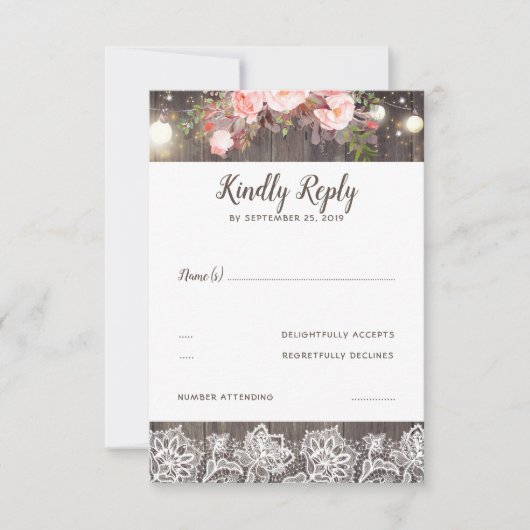 Roze Bloemen en Kant Rustieke RSVP Kaartje (Voorkant)