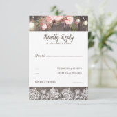 Roze Bloemen en Kant Rustieke RSVP Kaartje (Staand voorkant)