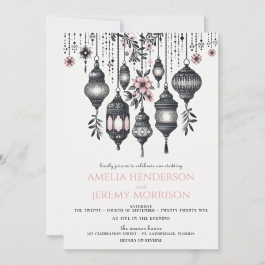 Roze Bloemen en Lantaarns QR Code Bruiloft Kaart (Voorkant)