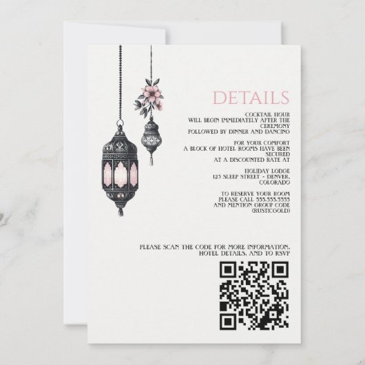 Roze Bloemen en Lantaarns QR Code Bruiloft Kaart (Achterkant)