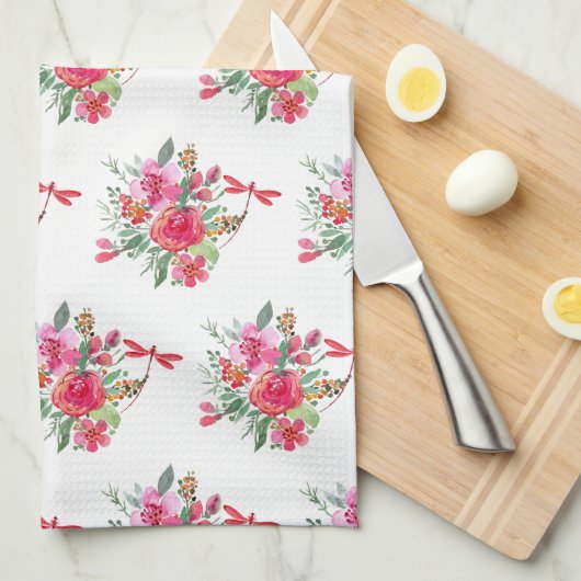 Roze bloemen en libellen theedoek (Quarter Fold)