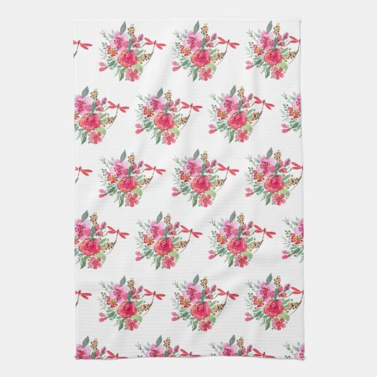 Roze bloemen en libellen theedoek (Verticaal)