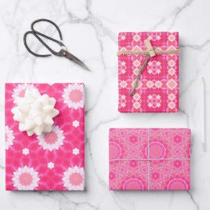 Roze bloemen en sterren baby meisje patroon set inpakpapier vel