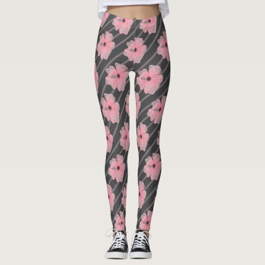 Roze Bloemen En Strepen Broek Leggings (Voorkant)