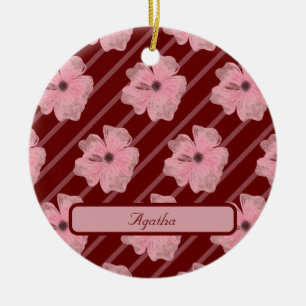 Roze Bloemen En Strepen Gepersonaliseerde Kerstbal Keramisch Ornament
