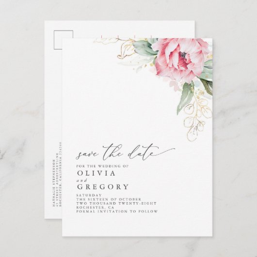 Roze bloemen en Succulenten Elegant sparen de Datu Aankondigingskaart (Voorkant / Achterkant)