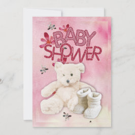 Roze bloemen en Teddybeer Babydoucheuitnodiging Kaart
