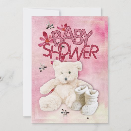 Roze bloemen en Teddybeer Babydoucheuitnodiging Kaart (Voorkant)