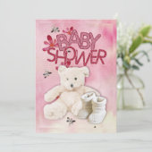 Roze bloemen en Teddybeer Babydoucheuitnodiging Kaart (Staand voorkant)