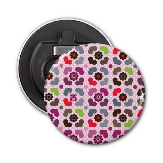 roze bloemen en uil button flesopener (Voorkant)