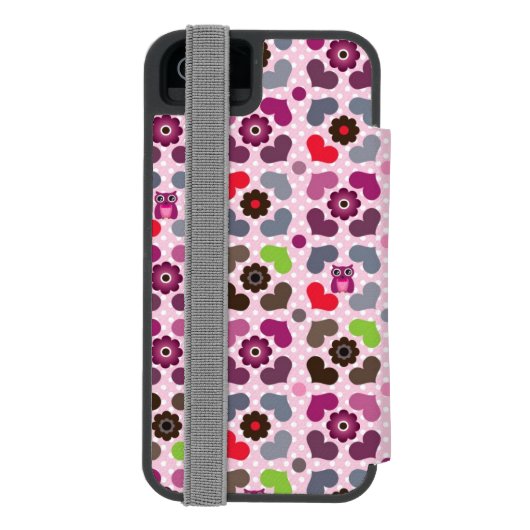 roze bloemen en uil incipio iPhone portemonnee hoesje (Agenda Achterkant)