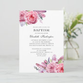 Roze bloemen en veren. Boho bloemendoop Kaart (Staand voorkant)