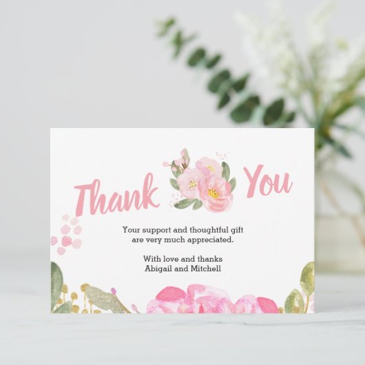 Roze Bloemen en Vet Handgeschreven Script Bedankkaart (Staand voorkant)