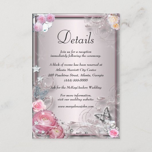 Roze bloemen en vlinder bruiloft details informatiekaartje (Voorkant)