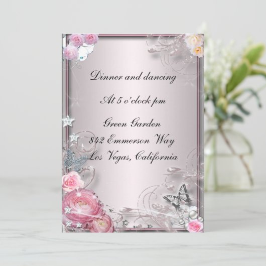 Roze Bloemen En Vlinder Ontvangstkaart Kaart (Staand voorkant)