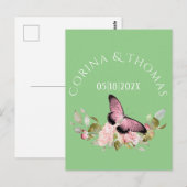 Roze bloemen en vlinder op groen huwelijk briefkaart (Voorkant / Achterkant)