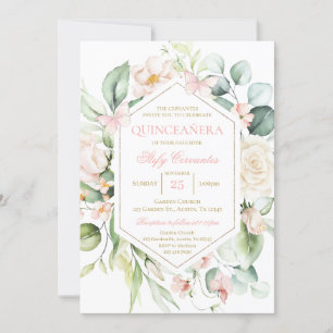 Roze Bloemen en Vlinder Quinceañera Kaart
