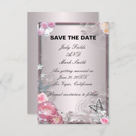 Roze Bloemen en Vlinder Save The Date Kaart (Voorkant / Achterkant)