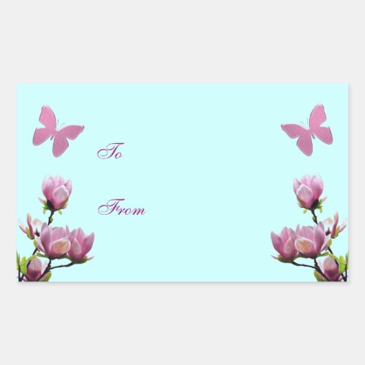 Roze bloemen en vlinders rechthoekige sticker (Voorkant)
