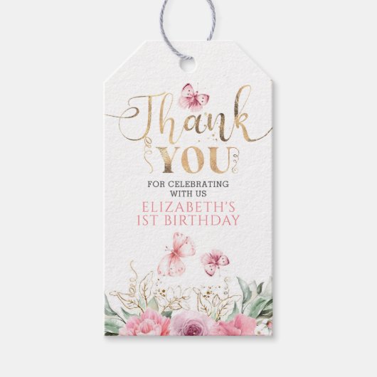 Roze Bloemen en Vlinders Verjaardag Bedankt Cadeaulabel (Voorkant)