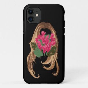 Roze bloemen en vrouwengezicht iPhone 11 hoesje