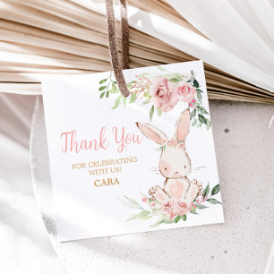 Roze Bloemen Enkele Bunny Verjaardag Party Square Bedankjes Labels