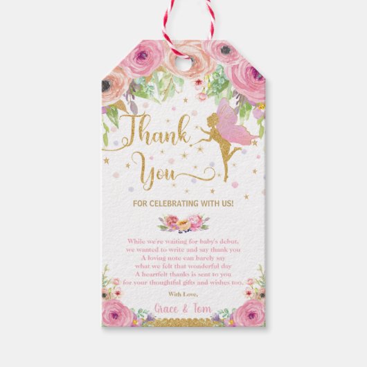 Roze Bloemen Fairy Goud Baby shower Dank u Cadeaulabel (Voorkant)