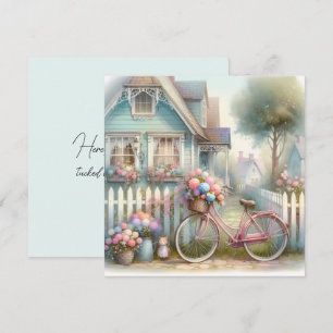 Roze Bloemen Fietsen bij Blue Cottage Gate Kaart