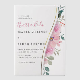 Roze Bloemen Foliage Nuestra Boda Spaanse bruiloft Vellum Uitnodigingen