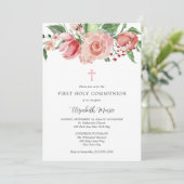 Roze Bloemen Foto Eerste Communie voor Meisjes Kaart (Staand voorkant)