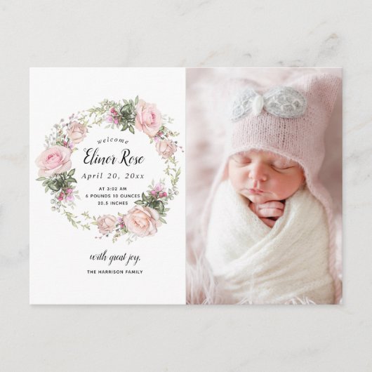 Roze Bloemen Foto Geboorteaankondiging Briefkaart (Voorkant)
