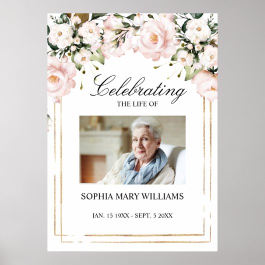 Roze Bloemen Foto Herdenking Funeral  Poster (Voorkant)
