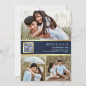 Roze Bloemen Foto QR Code Donkerblauw Huwelijk Kaart (Achterkant)