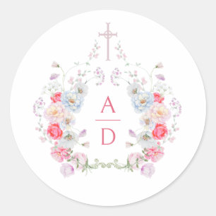 Roze Bloemen Frame Religieuze Huwelijks Monogramme Ronde Sticker