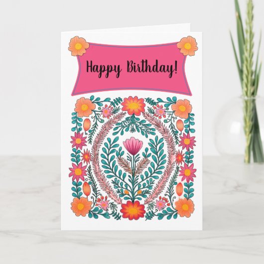 Roze Bloemen Gelukkige Verjaardag Kaart (Voorkant)